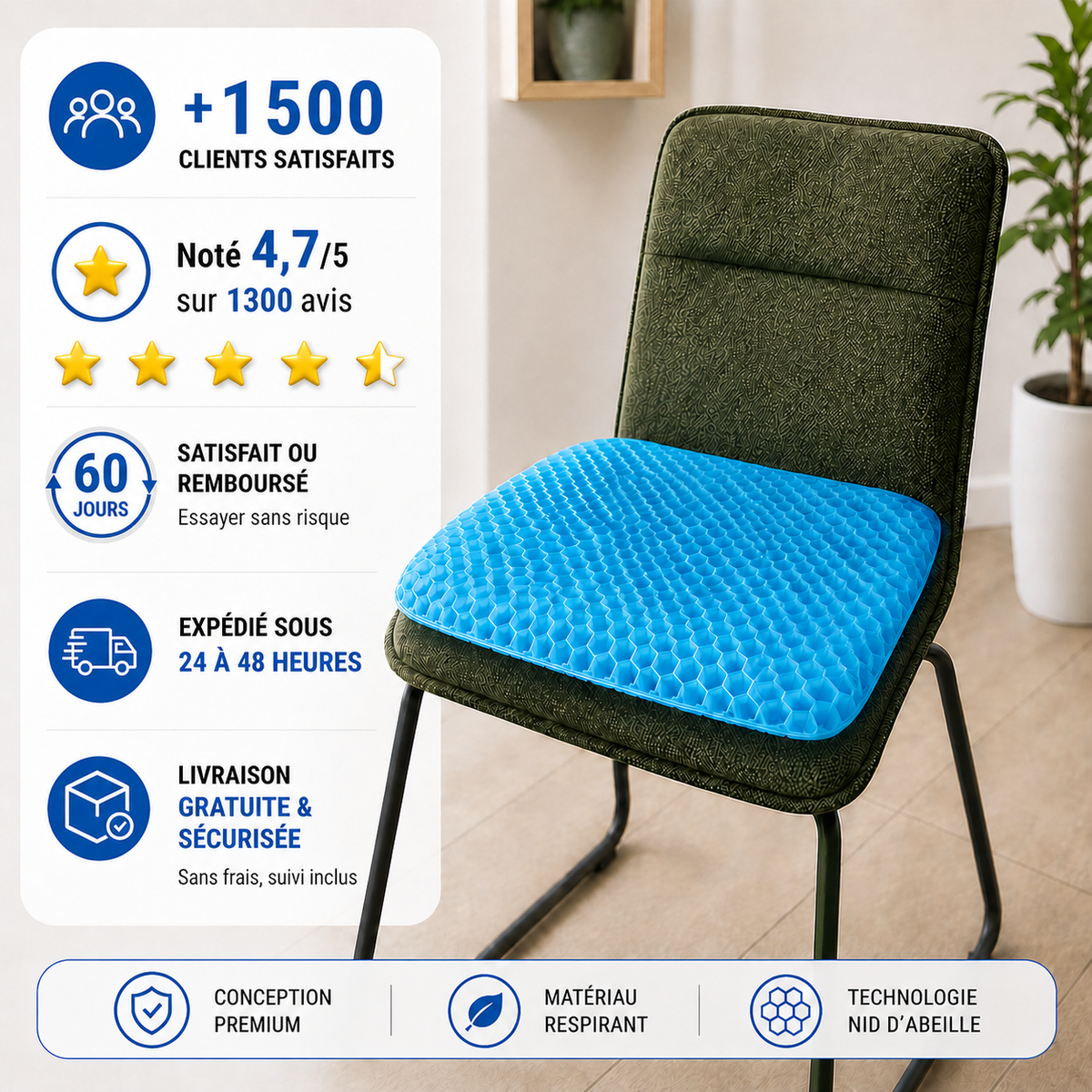 Coussin Ergonomique Gel ORTHO+ – Confort et soutien du coccyx